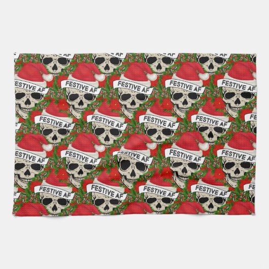 Festive AF Cool Skeleton in Santa Hat Theedoek (Horizontaal)