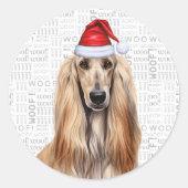 Festive Afghan Hound Dog Woof Word Art Christmas Ronde Sticker (Voorkant)