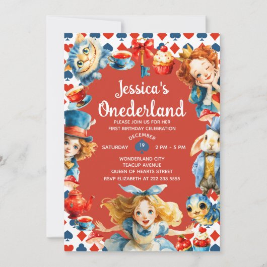 Festive Alice in ONEDERLAND 1st Birthday Tea Party Kaart (Voorkant)