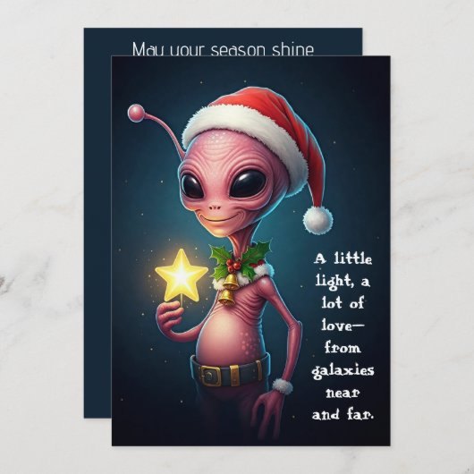 Festive Alien with Glowing Star – Cosmic Christmas Feestdagenkaart (Voorkant / Achterkant)