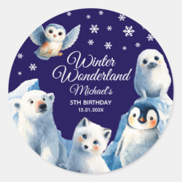 Festive Arctic Animals Blue Winter Kids' Birthday  Ronde Sticker