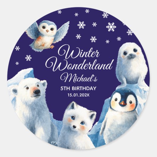 Festive Arctic Animals Blue Winter Kids' Birthday Ronde Sticker (Voorkant)