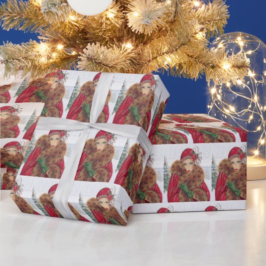 Festive art deco retro vintage kerstdame cadeaupapier (Feestdagen)