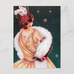 Festive art deco retro vintage kerstdame feestdagenkaart
