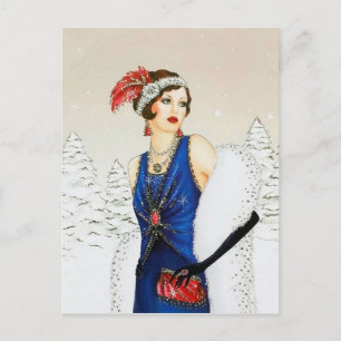 Festive art deco retro vintage kerstdame feestdagenkaart