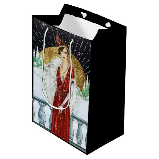 Festive art deco retro vintage kerstdame medium cadeauzakje (Voorkant Gekanteld)