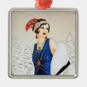 Festive art deco retro vintage kerstdame metalen ornament