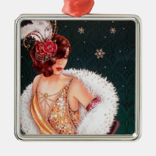 Festive art deco retro vintage kerstdame metalen ornament