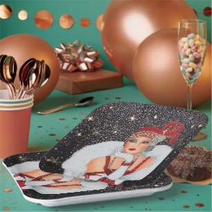 Festive art deco retro vintage kerstdame papieren bordje