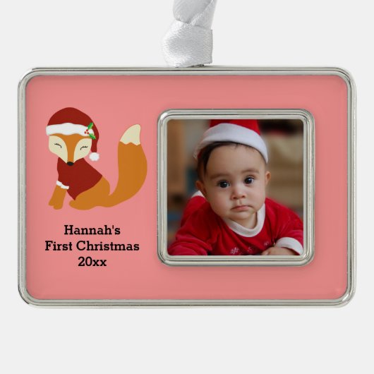 Festive Baby Fox First Kerstfeestdag Verzilverd Omlijst Ornament (Voorkant)