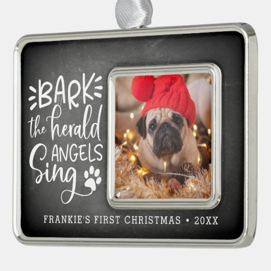 Festive Barks | Eerste kerstdag foto's pet Verzilverd Omlijst Ornament (Links)