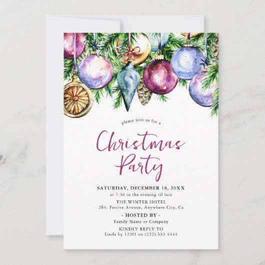 Festive Bauble Waterverf kerstparty Kaart (Voorkant)