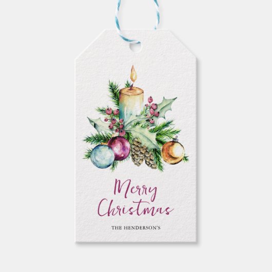 Festive Bauble Waterverf Merry kerst Cadeaulabel (Voorkant)