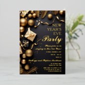 Festive Baubles Black Gold New Years Eve Party Folie Uitnodiging (Staand Voorkant)
