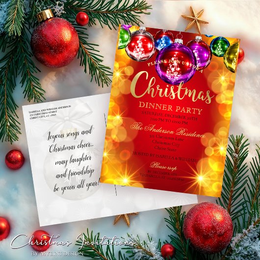 Festive Baubles Christmas Dinner Party Invitation Briefkaart