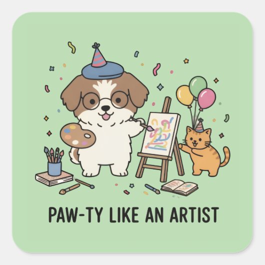 Festive Beagle Painter and Cat Companion Art Vierkante Sticker (Voorkant)