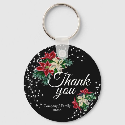 Festive Bedankt Floral Poinsettia Black Sleutelhanger (Voorkant)