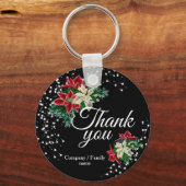 Festive Bedankt Floral Poinsettia Black Sleutelhanger (Voorkant)