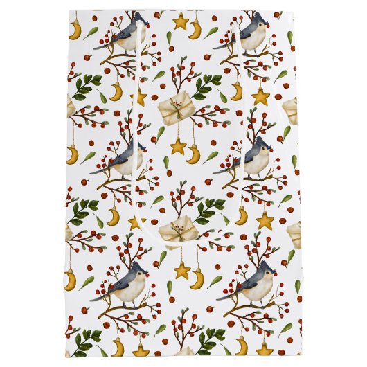 Festive Bird and Red Berries Medium Cadeauzakje (Achterkant)