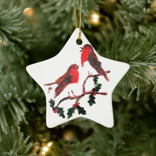 Festive Bird Art, Robin Holly Keramisch Ornament (Boom)