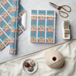 Festive Bird House Holiday Blue Wrapping Paper Cadeaupapier