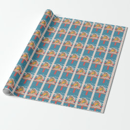Festive Bird House Holiday Blue Wrapping Paper Cadeaupapier