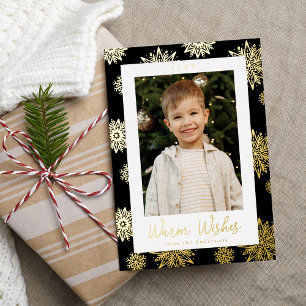 Festive Black and Gold Snowflakes Foto Folie Feestdagenkaart