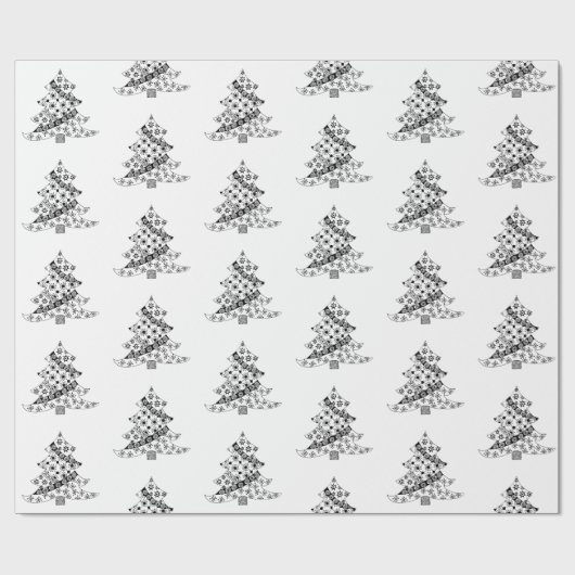 Festive Black and White Kersttree Pattern Cadeaupapier (Vlak)