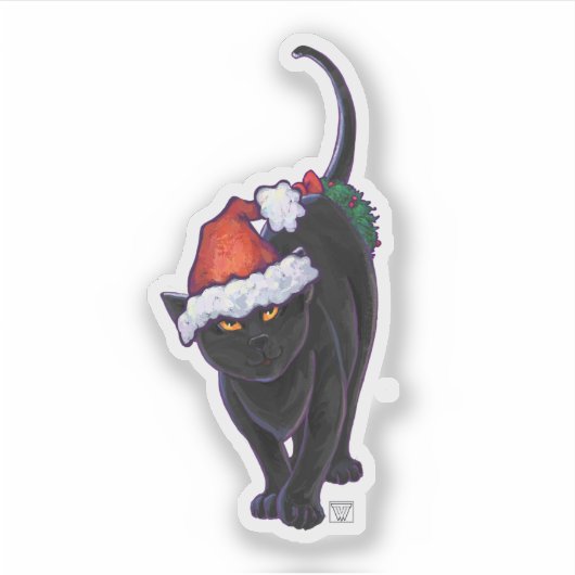 Festive Black Cat in een Santa Hat Sticker (Voorkant)