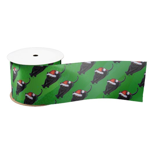 Festive Black Cat Pattern on Green Satijnen Lint (Spoel)