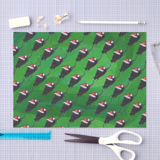 Festive Black Cat Pattern on Green Tissuepapier (Craft)