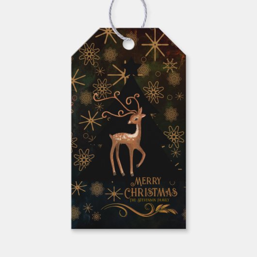Festive BLACK GOLD Deer Christmas Cadeaulabel (Voorkant)
