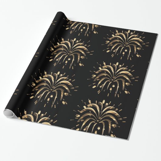 Festive Black Gold Stars Fireworks Elegant Chic Cadeaupapier (Uitgerold)