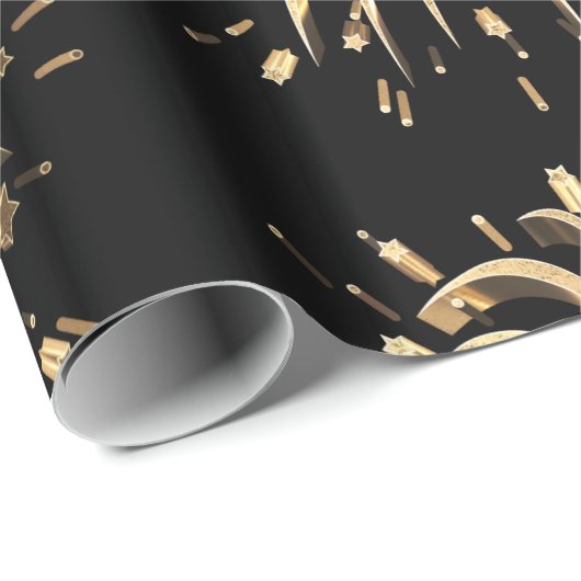 Festive Black Gold Stars Fireworks Elegant Chic Cadeaupapier (Rol Hoek)