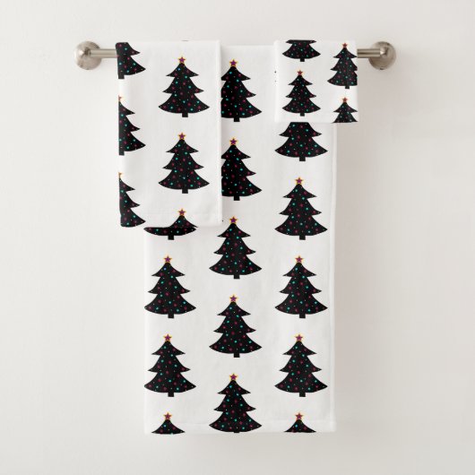 Festive Black kerstbomen Pattern Lambries Stars Bad Handdoek (Insitu)