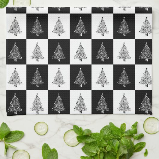Festive Black White, gebarsten kerstbomen Theedoek (Gevouwen)