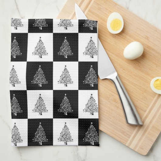 Festive Black White, gebarsten kerstbomen Theedoek (Quarter Fold)