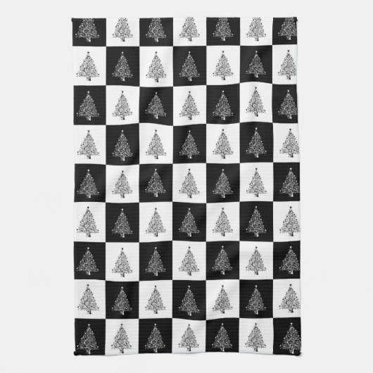 Festive Black White, gebarsten kerstbomen Theedoek (Verticaal)