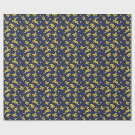 Festive Blauwe Gouden Rendier Kerstvakantie Cadeaupapier