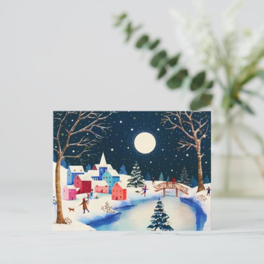 Festive Blauwe Winter Sneeuw Dorp  Feestdagenkaart (Staand voorkant)
