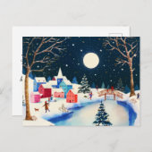 Festive Blauwe Winter Sneeuw Dorp  Feestdagenkaart (Voorkant / Achterkant)