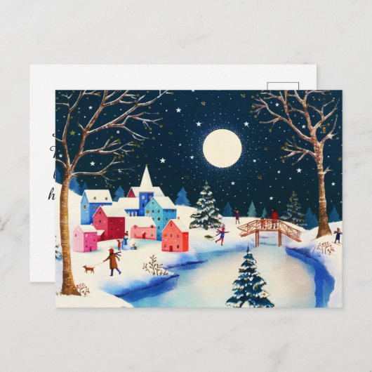 Festive Blauwe Winter Sneeuw Dorp  Feestdagenkaart (Voorkant / Achterkant)