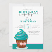 FESTIVE BLAUWGROEN CUPCAKE BIRTHDAY PARTY INVITATI KAART (Voorkant)