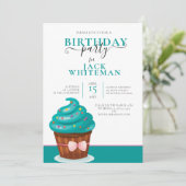 FESTIVE BLAUWGROEN CUPCAKE BIRTHDAY PARTY INVITATI KAART (Staand voorkant)