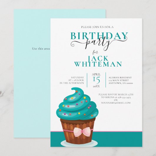 FESTIVE BLAUWGROEN CUPCAKE BIRTHDAY PARTY INVITATI KAART (Voorkant / Achterkant)