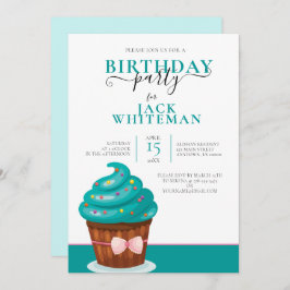 FESTIVE BLAUWGROEN CUPCAKE BIRTHDAY PARTY INVITATI KAART