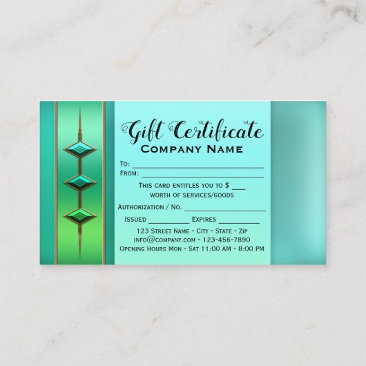 Festive Blauwgroen Green Cadeat Certificate Sjablo Kortingskaartje (Achterkant)