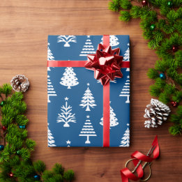 Festive Blue and White Christmas Tree Pattern Cadeaupapier