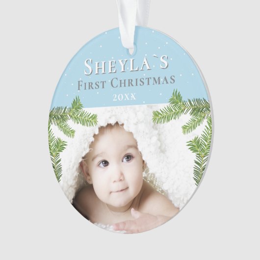 Festive Blue Baby's eerste kerstfoto Ornament (voorkant)