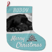 Festive Blue Dog Pet Name and Photo Grote Kerstsok (Voorkant)